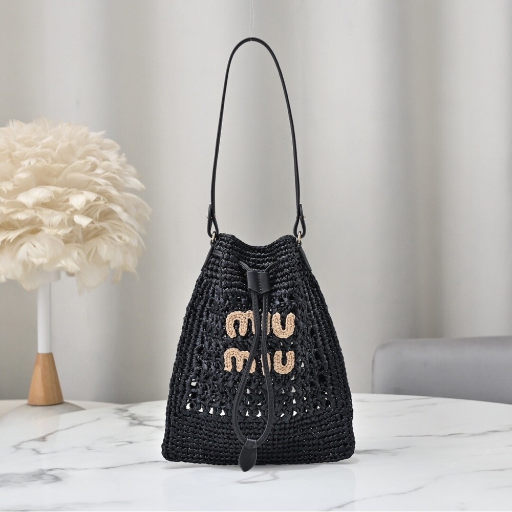 Miu Miu Style Black Raffia Crochet Bucket Bag